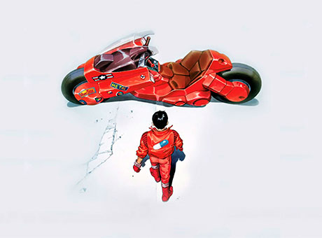 Imagen conocida de Kaneda caminando hacia su moto en la película animada Akira.