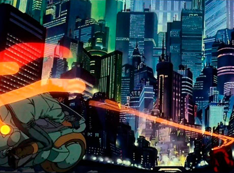 Imagen de Kaneda siguiendo a Tetsuo en moto en la película animada Akira.