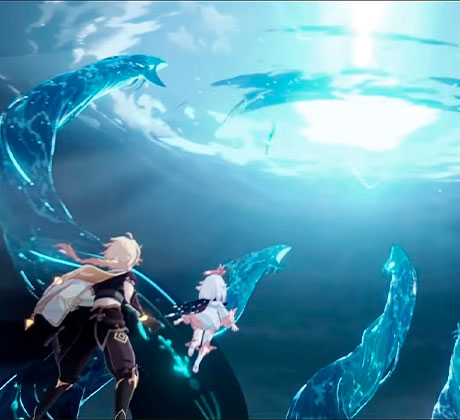 El viajero enfrentándose al monstruo Osial en Genshin Impact