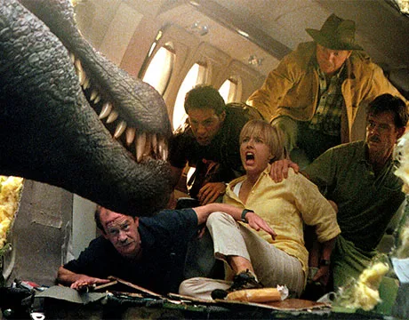 Un espinosaurio atacando al avión donde se encuentran nuestros protagonistas