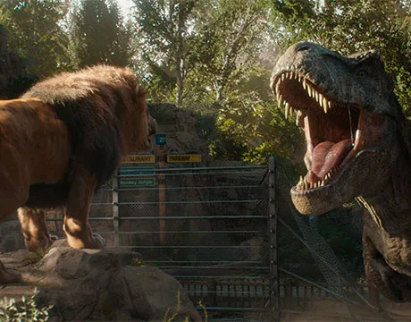León y T-Rex rugiendo el uno al otro