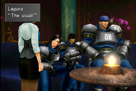 Laguna, Kiros y Ward tomando una copa en Final Fantasy 8