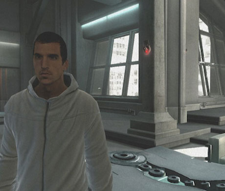 Imagen de Desmon Miles encerrado en una oficina de Abstergo en el juego Assassin's Creed.