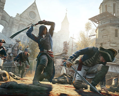 Imagen de Arno atacando a un guardia con una espada en el juego Assassin's Creed: Unity.