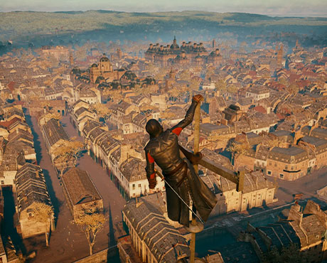 Imagen de Arno subido a una torre contemplando las vistas a Paris en el juego Assassin's Creed: Unity.