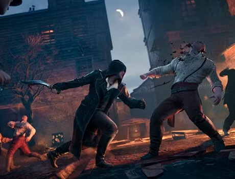 Imagen de Jacob luchando contra un matón en el juego Assassin's Creed: Syndicate.