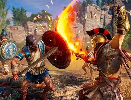 Imagen de Alexios luchando contra un soldado enemigo en el juego Assassin's Creed: Odyssey.