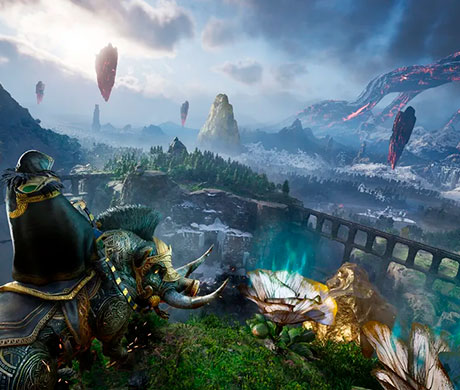 Imagen de Eivor subido a una montura contemplando las vistas de Asgard en el juego Assassin's Creed: Valhalla
