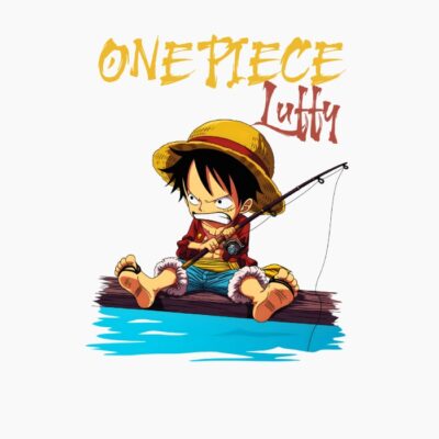 One Piece, Luffy pescando, Cartoonish style.