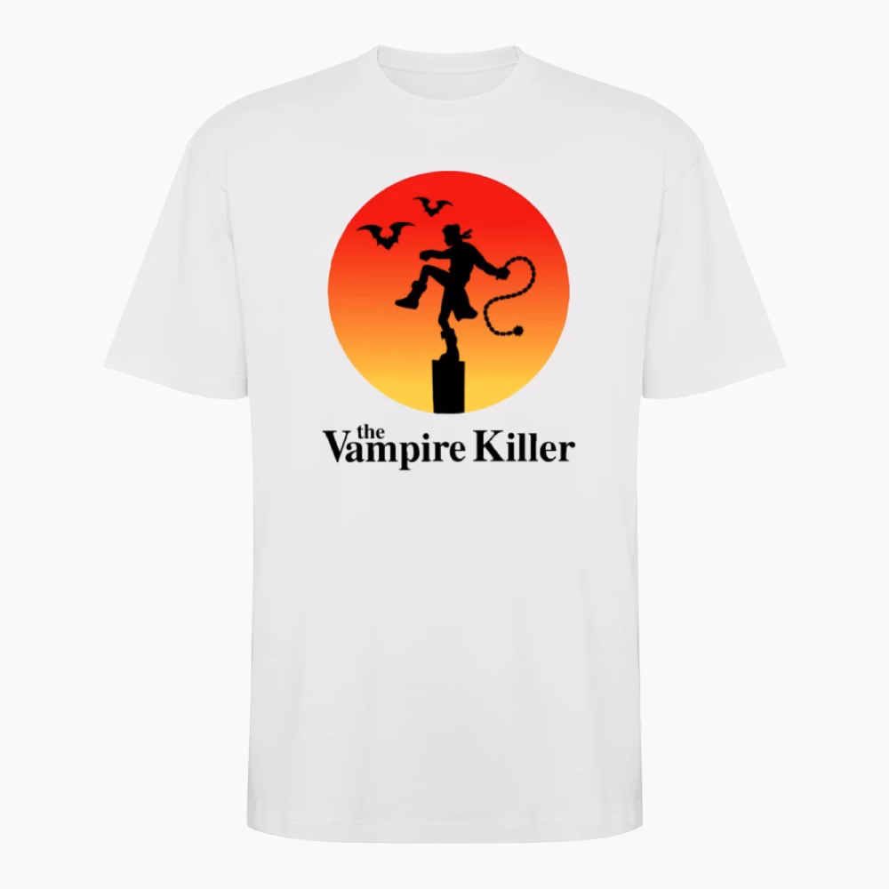 Camiseta con crossover de catlevania y karate kid del artista demonigote