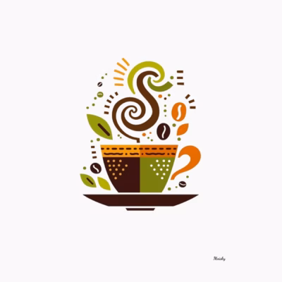 Taza de café folk con vapor en espiral – diseño moderno para amantes del café y el arte