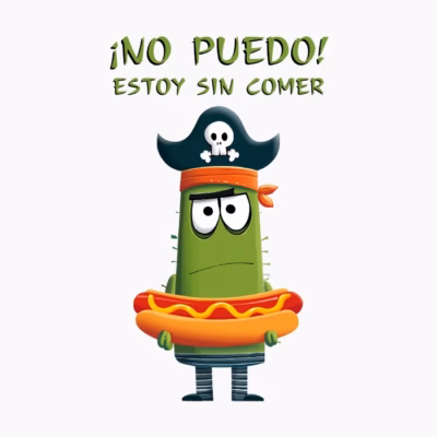 Cactus Pirata Divertido con un perrito caliente enorme ¡No Puedo! Estoy sin comer. Humor de comida