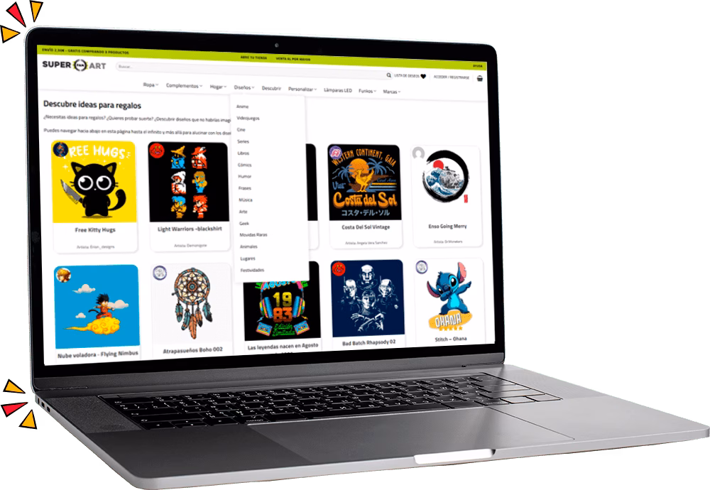 Ordenador mostrando el desplegable de categorías de superfan