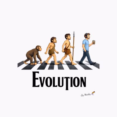 Evolución Moderna Cruzando la Calle Diseño Irónico  Hombre con cascos y café.