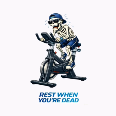 Esqueleto haciendo spinning  Diseño fitness con humor