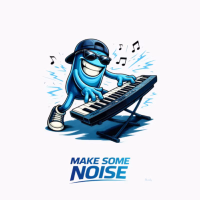 Personaje azul tocando el teclado Humor musical ilustrado