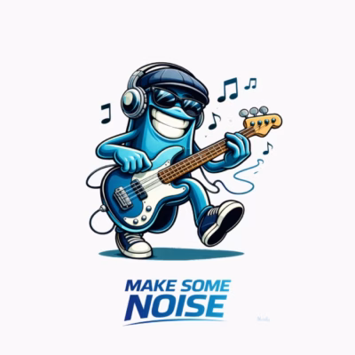 Personaje azul tocando el bajo Humor musical ilustrado