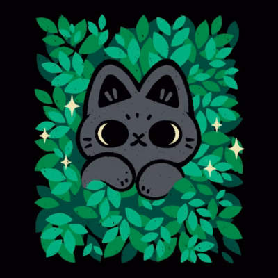 Cute Black Cat Peeking Through Green Leaves