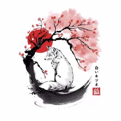 White Kitsune sumi-e