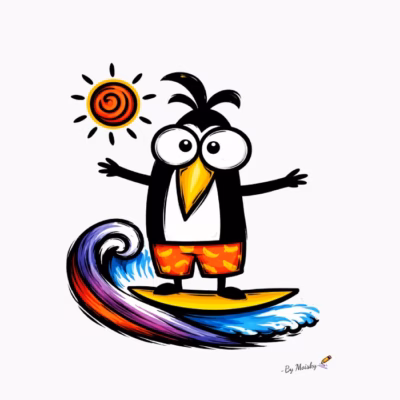 Pingüino surfista con bañador tropical